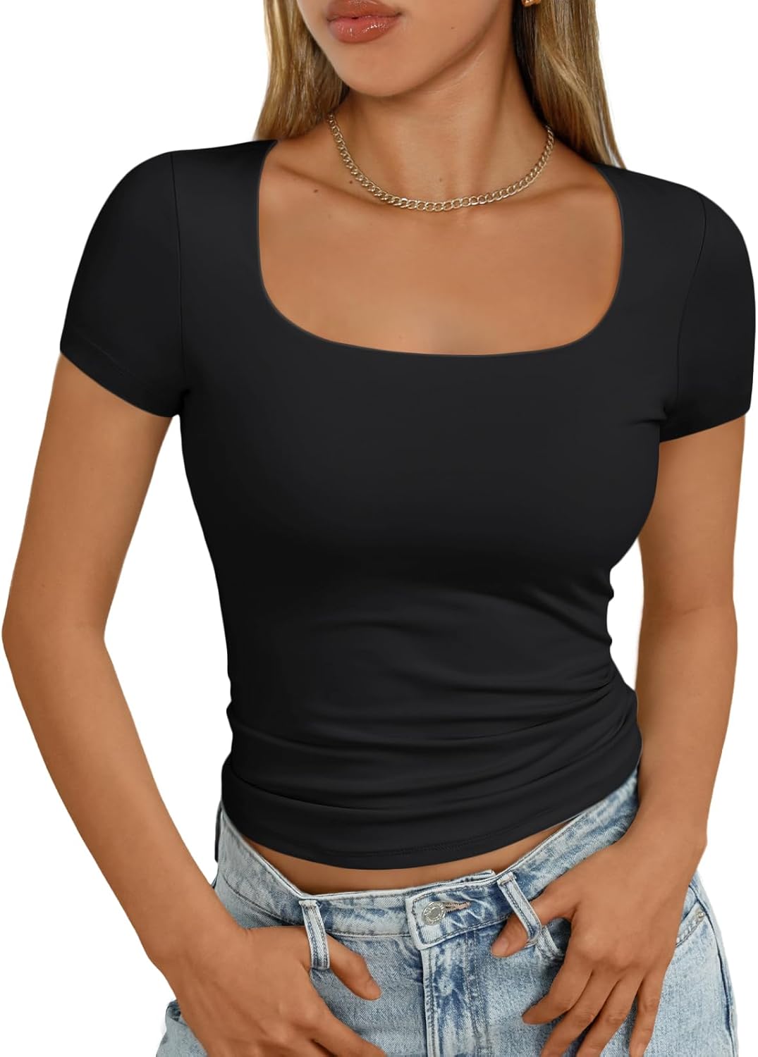 Lady's Round-neck Double-layer Lined Blouse - Short-sleeved Fitted Halter Top