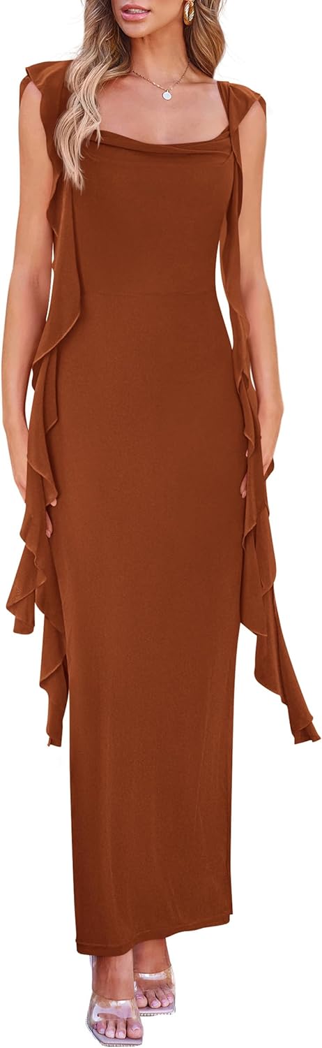 PRETTYGARDEN Women's 2026 Summer Wedding Guest Dress Sleeveless Ruffle Formal Cocktail Party Maxi Bodycon Dresses