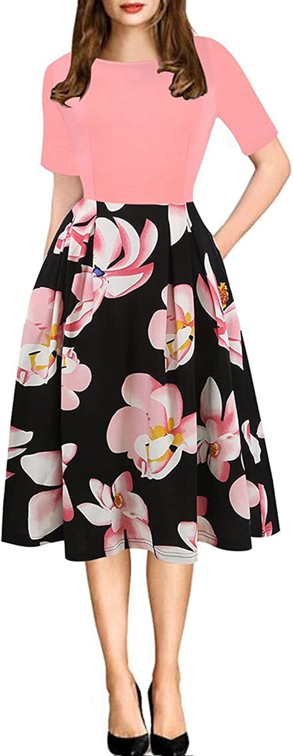 Women's Retro Patchwork Handbag Puff Skirt Casual Party Dress