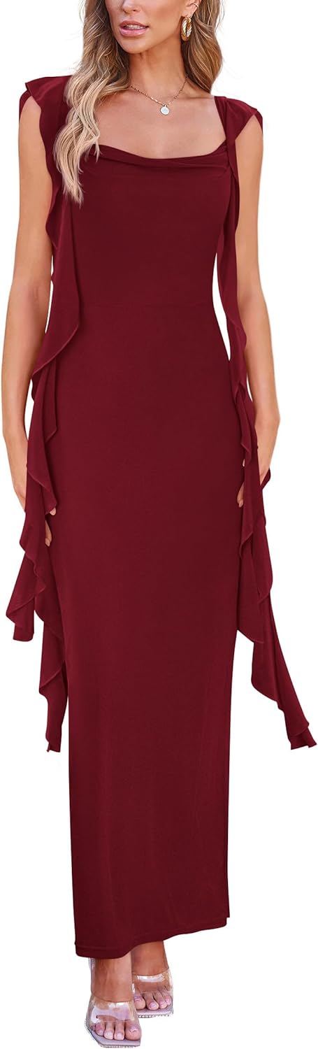 PRETTYGARDEN Women's 2026 Summer Wedding Guest Dress Sleeveless Ruffle Formal Cocktail Party Maxi Bodycon Dresses