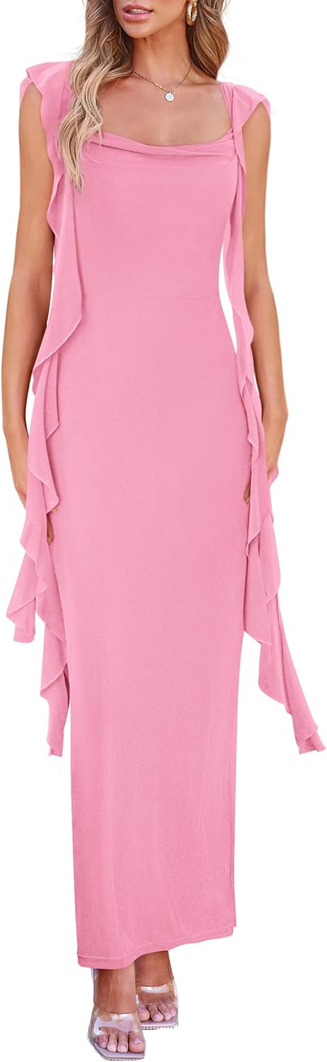 PRETTYGARDEN Women's 2026 Summer Wedding Guest Dress Sleeveless Ruffle Formal Cocktail Party Maxi Bodycon Dresses