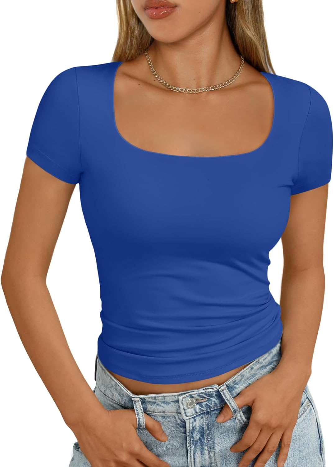 Lady's Round-neck Double-layer Lined Blouse - Short-sleeved Fitted Halter Top