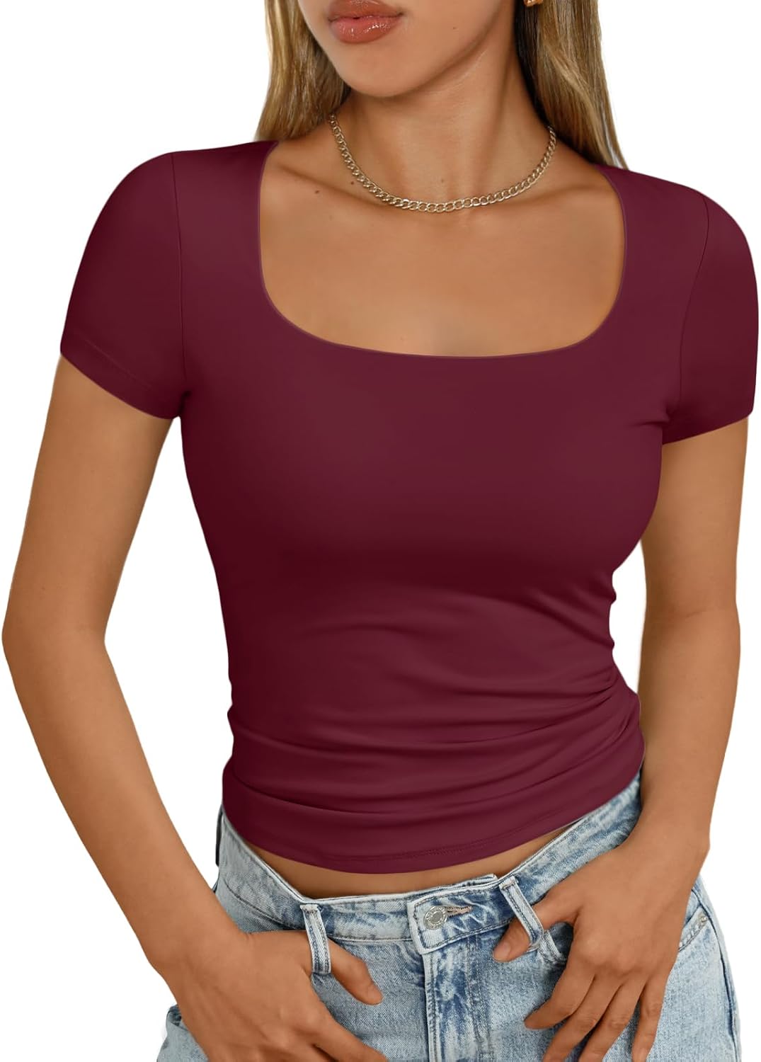 Lady's Round-neck Double-layer Lined Blouse - Short-sleeved Fitted Halter Top