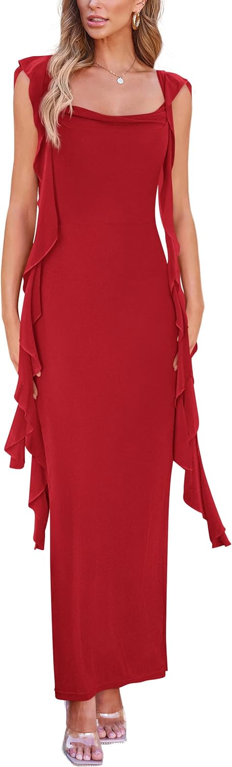 PRETTYGARDEN Women's 2026 Summer Wedding Guest Dress Sleeveless Ruffle Formal Cocktail Party Maxi Bodycon Dresses