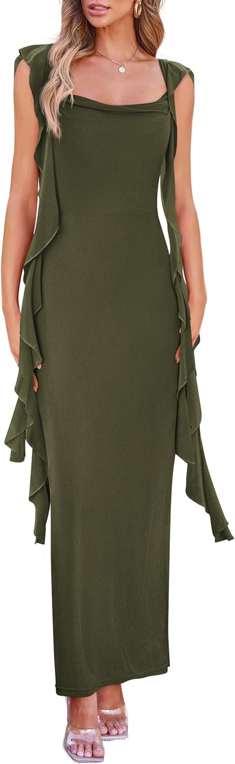 PRETTYGARDEN Women's 2026 Summer Wedding Guest Dress Sleeveless Ruffle Formal Cocktail Party Maxi Bodycon Dresses