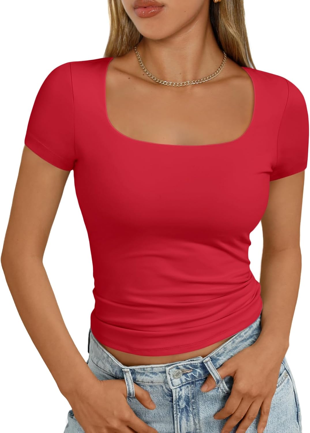 Lady's Round-neck Double-layer Lined Blouse - Short-sleeved Fitted Halter Top