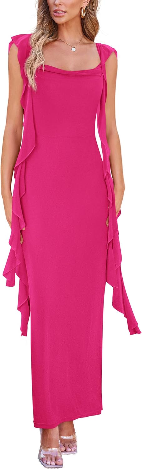 PRETTYGARDEN Women's 2026 Summer Wedding Guest Dress Sleeveless Ruffle Formal Cocktail Party Maxi Bodycon Dresses