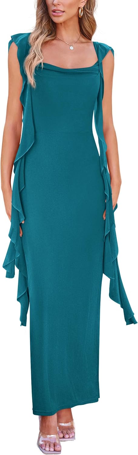 PRETTYGARDEN Women's 2026 Summer Wedding Guest Dress Sleeveless Ruffle Formal Cocktail Party Maxi Bodycon Dresses