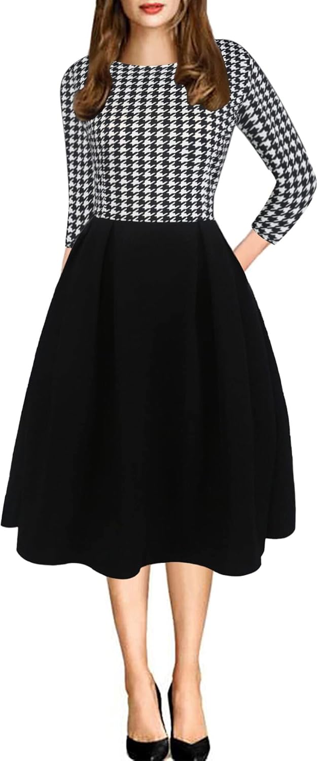 Women's Retro Patchwork Handbag Puff Skirt Casual Party Dress