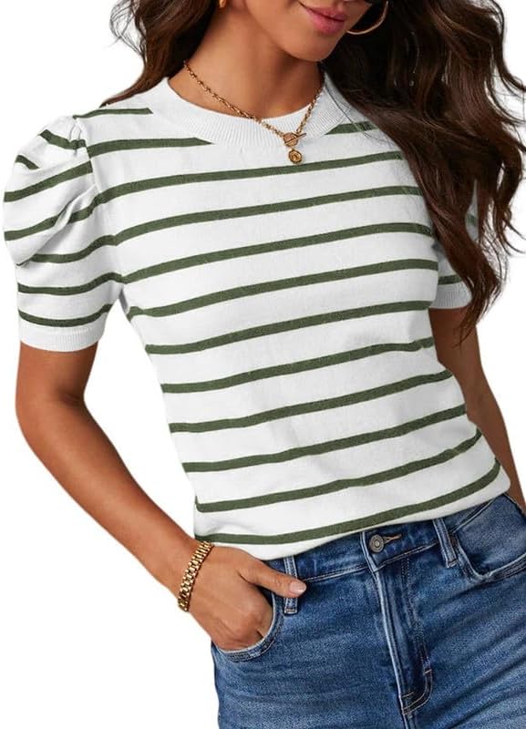 Short-sleeved Knitted Top with Round Neck and Striped Design T-shirt