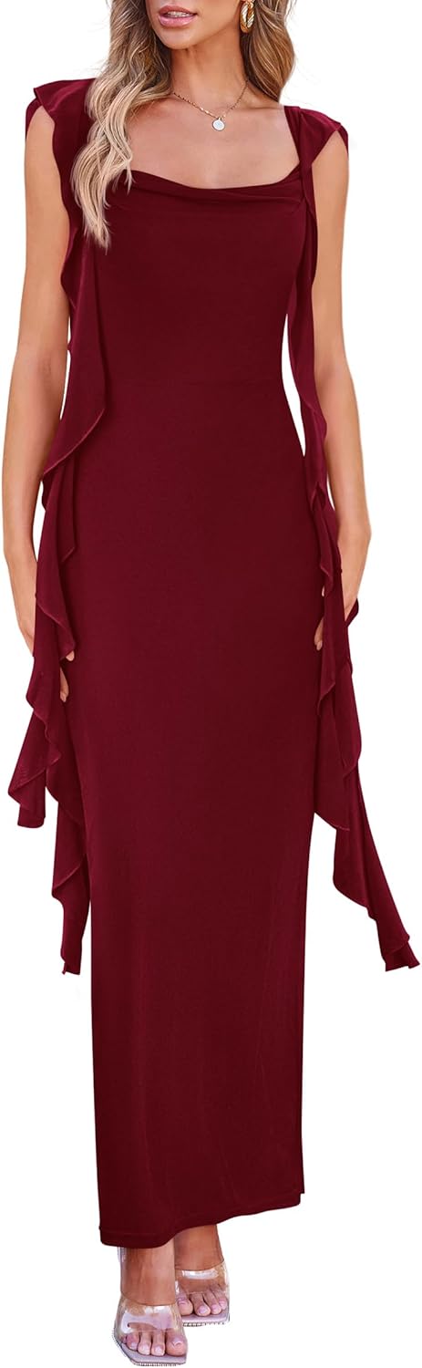 PRETTYGARDEN Women's 2026 Summer Wedding Guest Dress Sleeveless Ruffle Formal Cocktail Party Maxi Bodycon Dresses