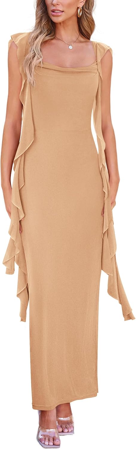 PRETTYGARDEN Women's 2026 Summer Wedding Guest Dress Sleeveless Ruffle Formal Cocktail Party Maxi Bodycon Dresses