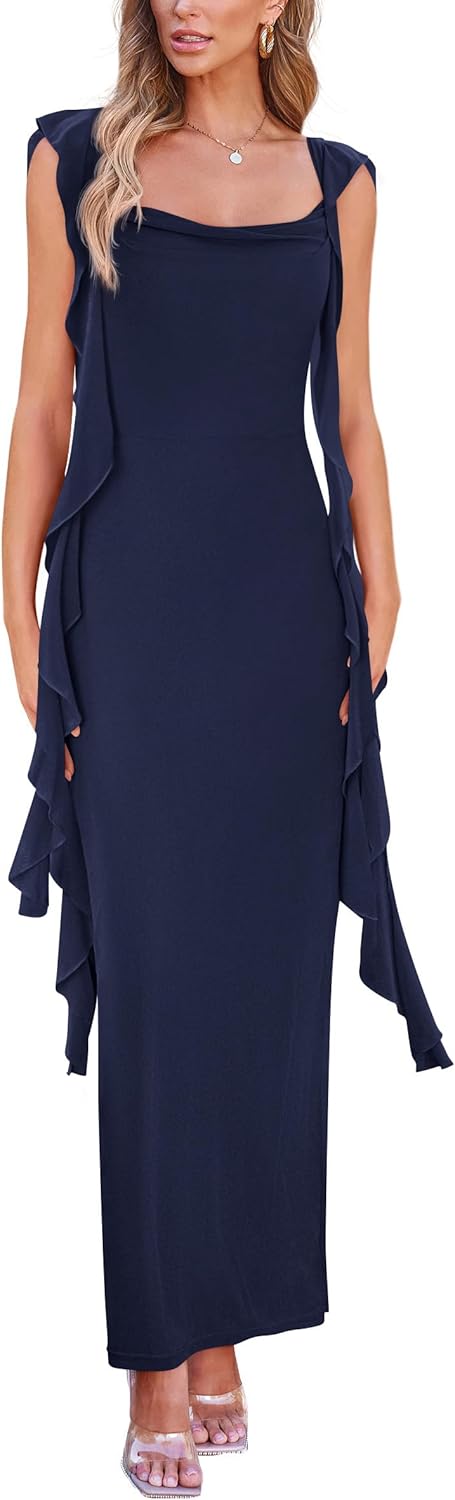 PRETTYGARDEN Women's 2026 Summer Wedding Guest Dress Sleeveless Ruffle Formal Cocktail Party Maxi Bodycon Dresses