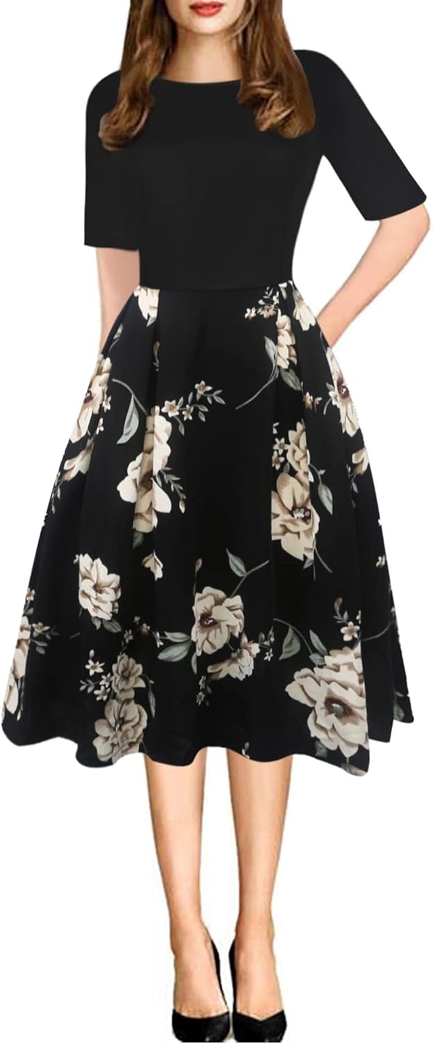 Women's Retro Patchwork Handbag Puff Skirt Casual Party Dress