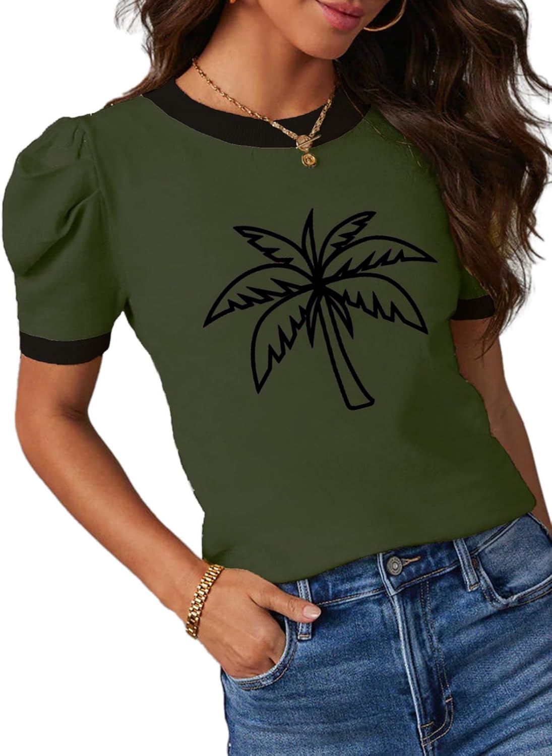 Short-sleeved Knitted Top with Round Neck and Striped Design T-shirt