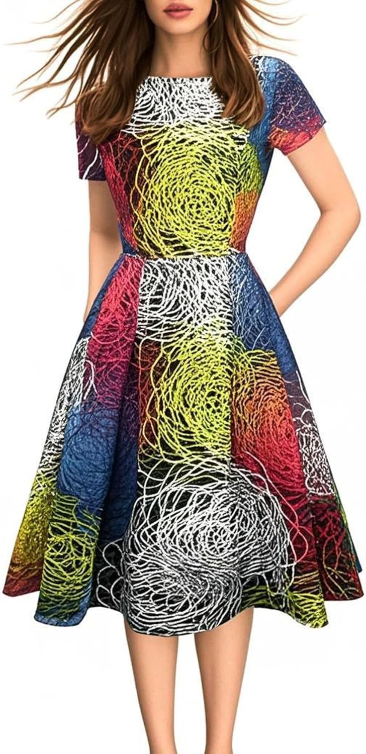 Women's Retro Patchwork Handbag Puff Skirt Casual Party Dress