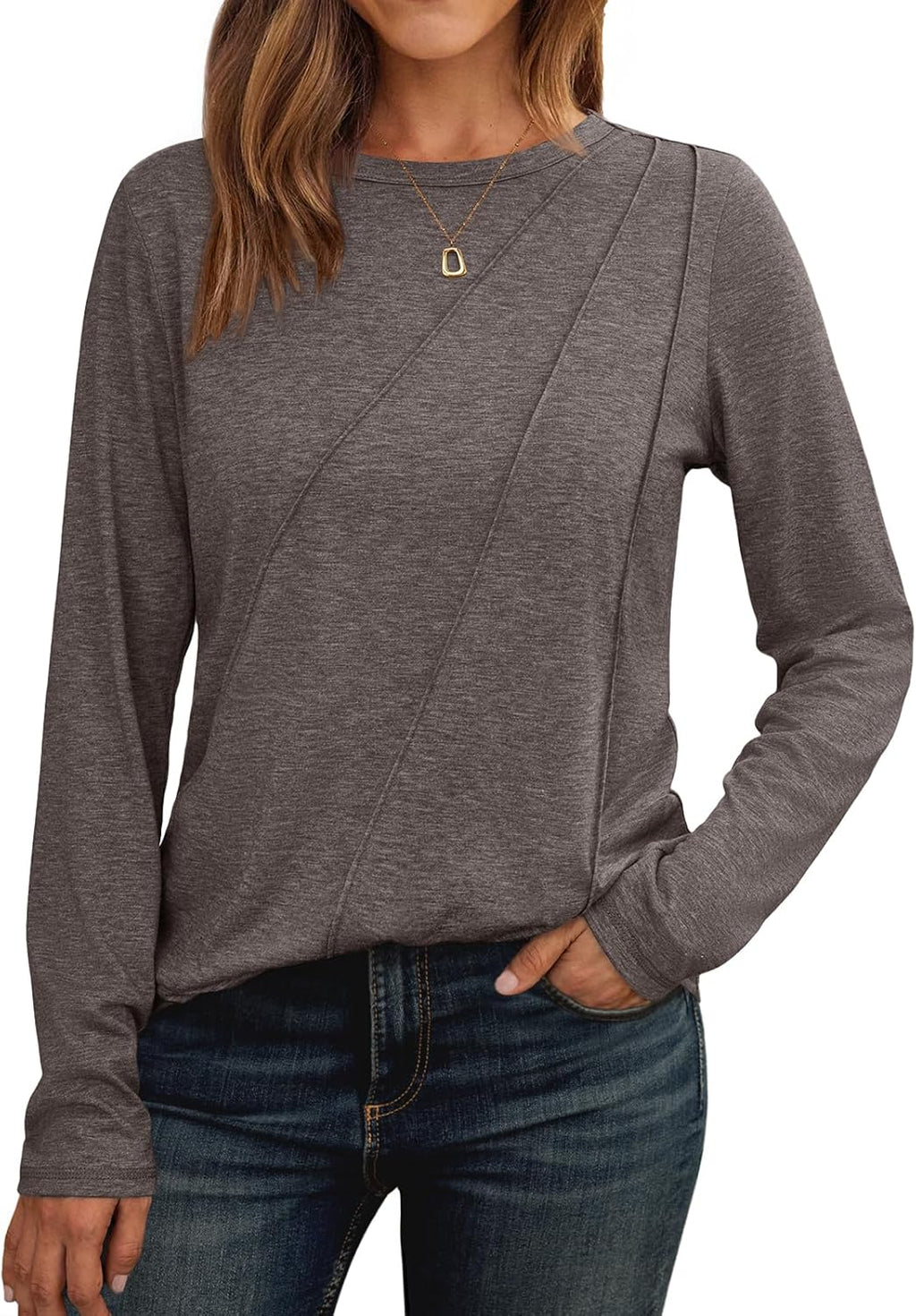 Lady's Pleated Long-sleeved Blouse - Loose-fitting Round-neck Casual Shirt