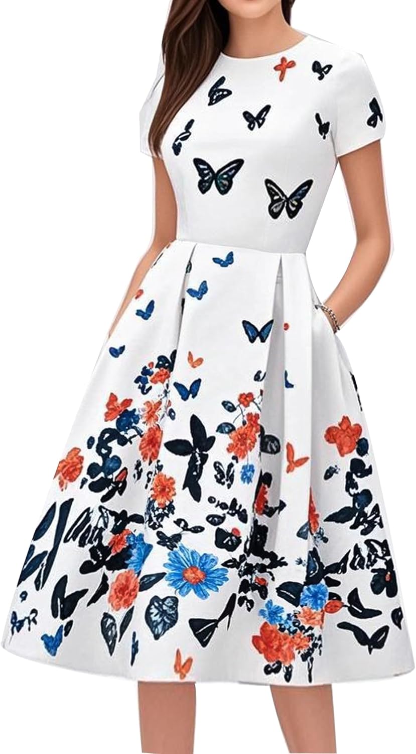 Women's Retro Patchwork Handbag Puff Skirt Casual Party Dress