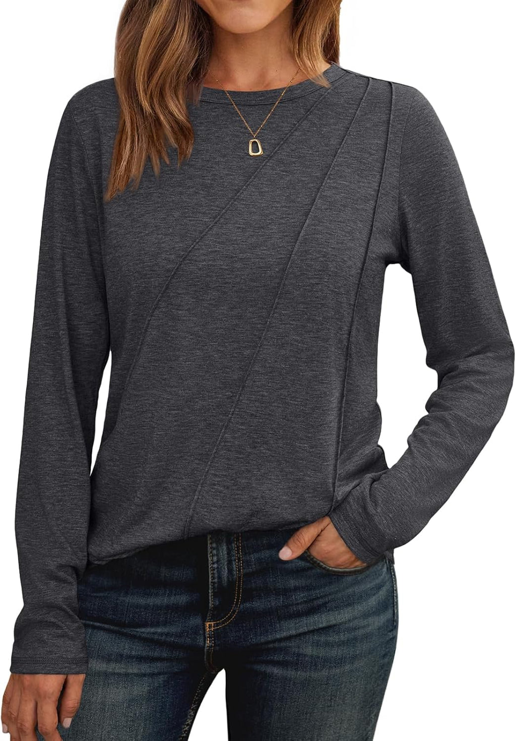Lady's Pleated Long-sleeved Blouse - Loose-fitting Round-neck Casual Shirt