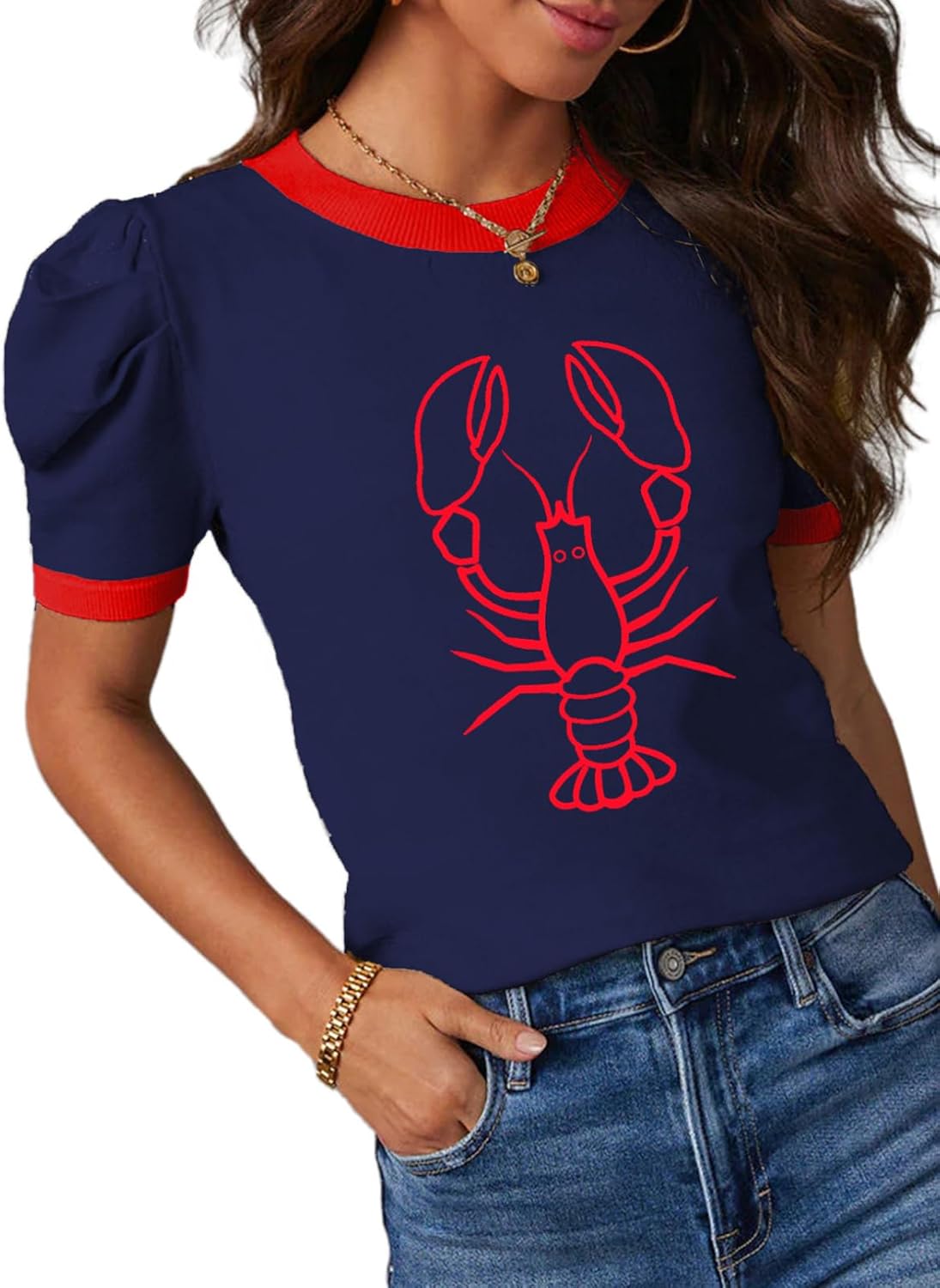 Short-sleeved Knitted Top with Round Neck and Striped Design T-shirt