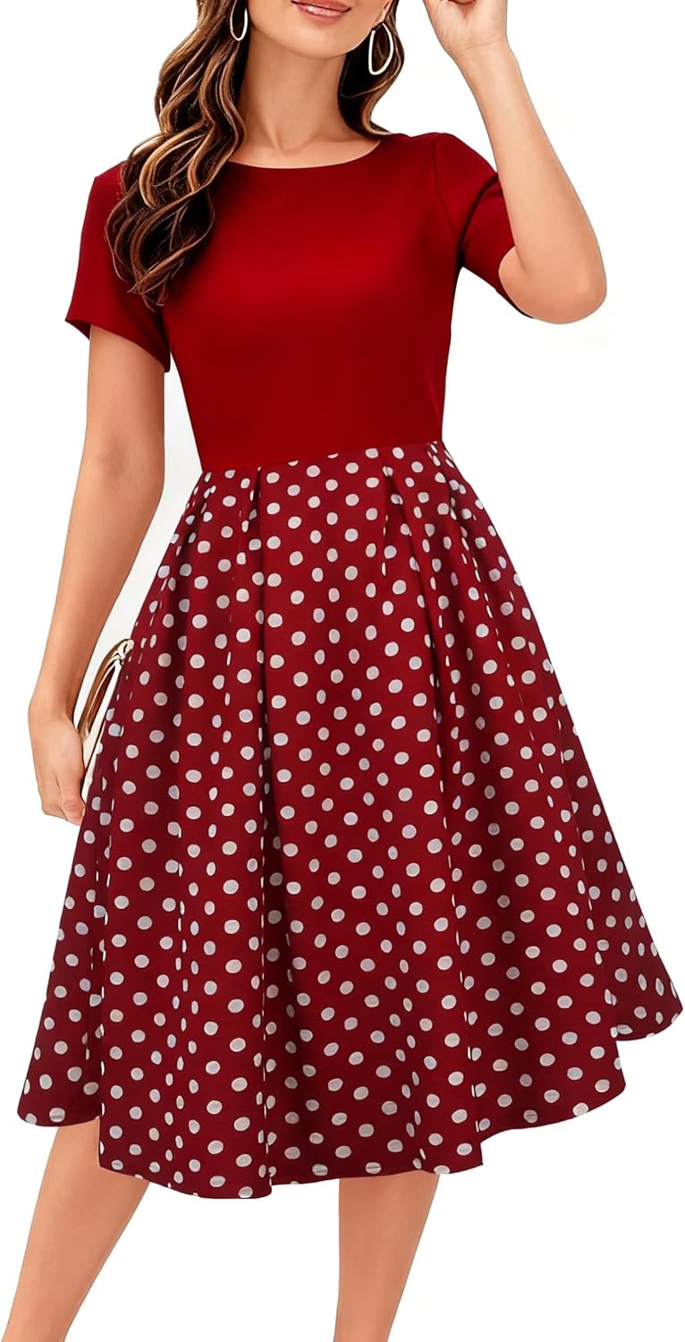 Women's Retro Patchwork Handbag Puff Skirt Casual Party Dress
