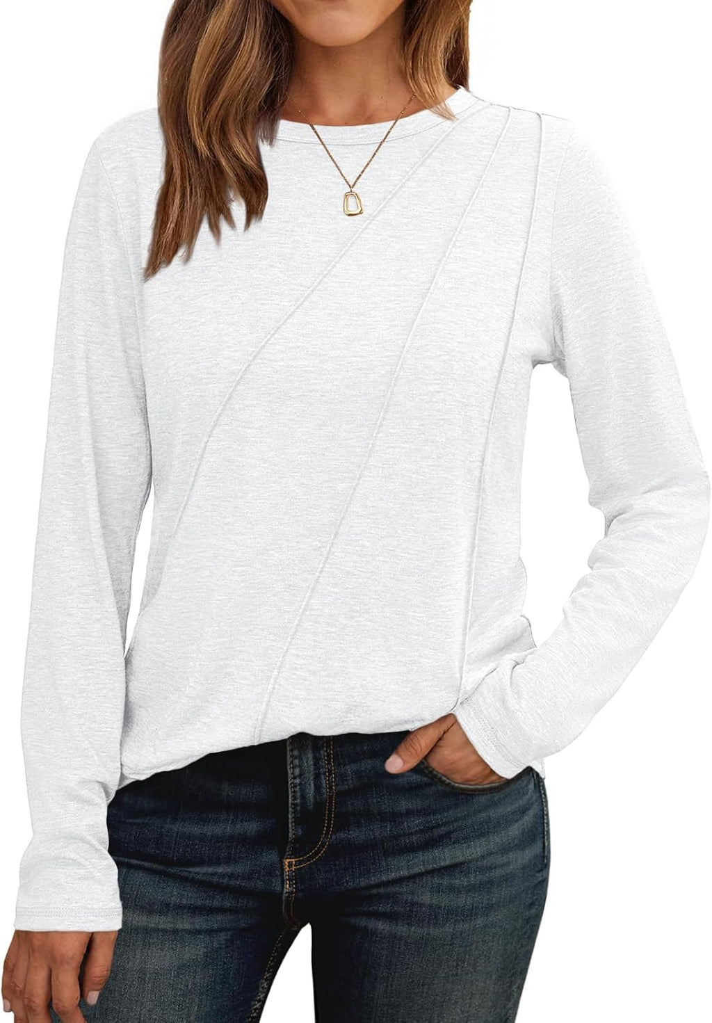 Lady's Pleated Long-sleeved Blouse - Loose-fitting Round-neck Casual Shirt