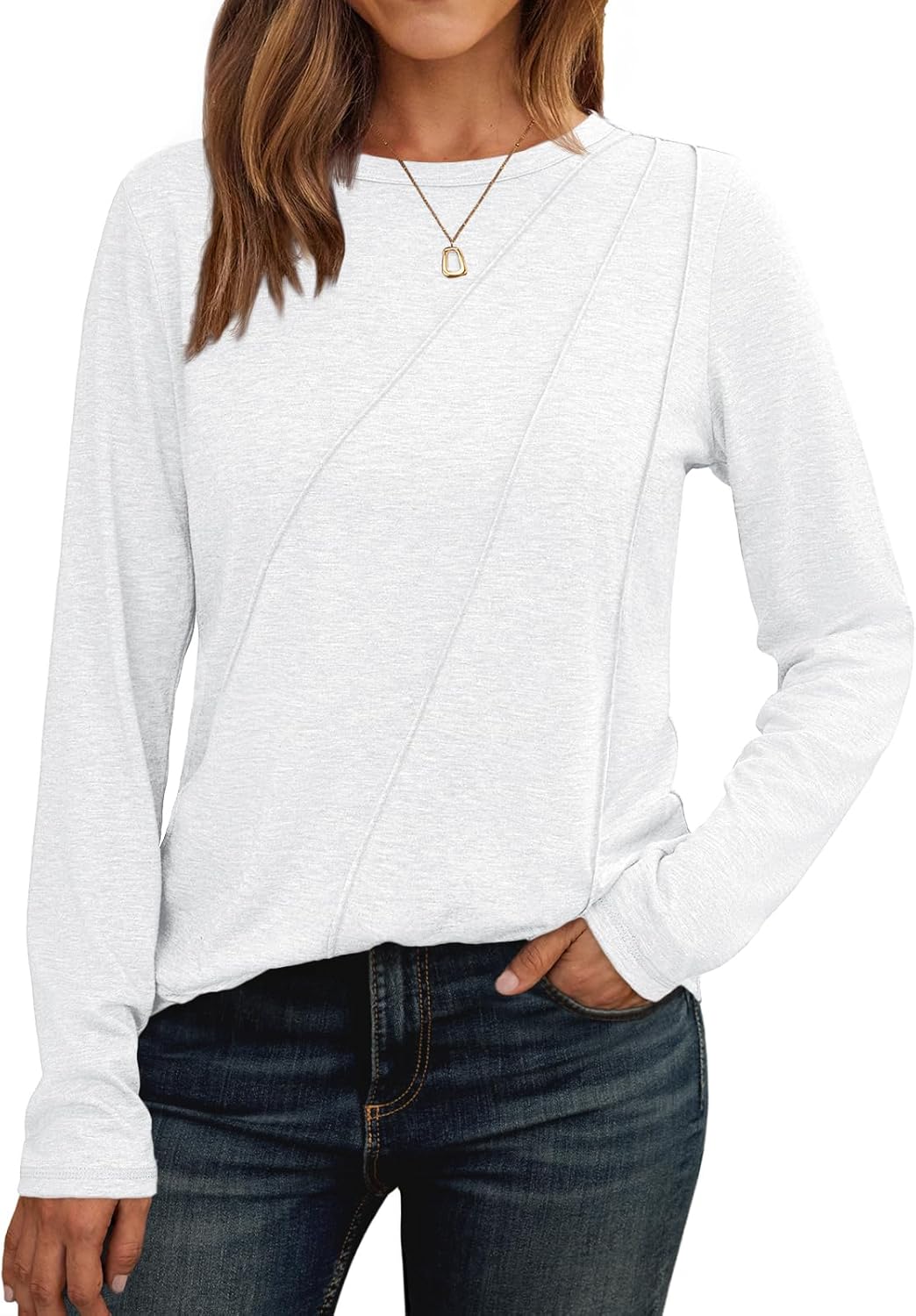 Lady's Pleated Long-sleeved Blouse - Loose-fitting Round-neck Casual Shirt