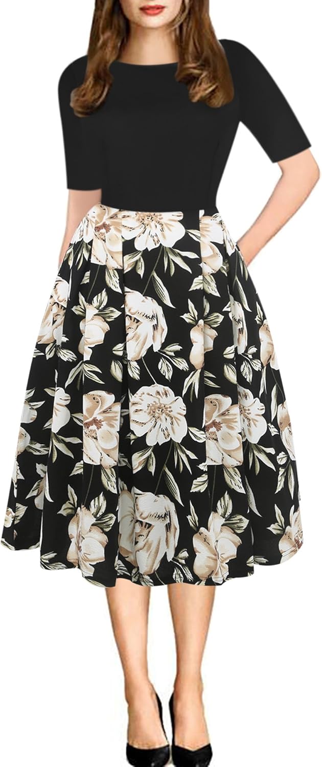 Women's Retro Patchwork Handbag Puff Skirt Casual Party Dress