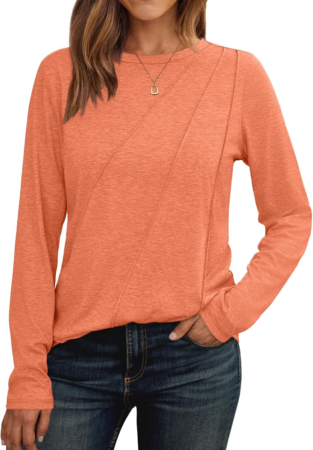 Lady's Pleated Long-sleeved Blouse - Loose-fitting Round-neck Casual Shirt
