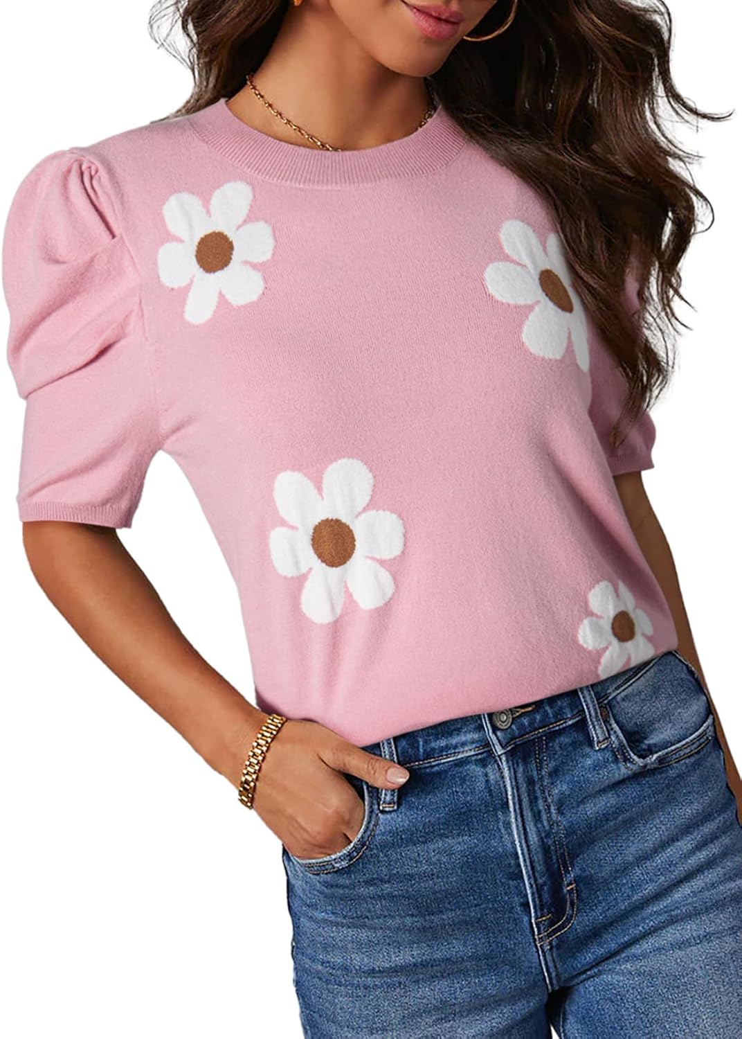 Short-sleeved Knitted Top with Round Neck and Striped Design T-shirt