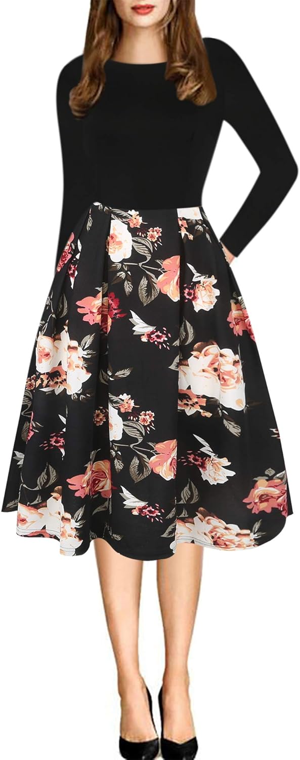 Women's Retro Patchwork Handbag Puff Skirt Casual Party Dress
