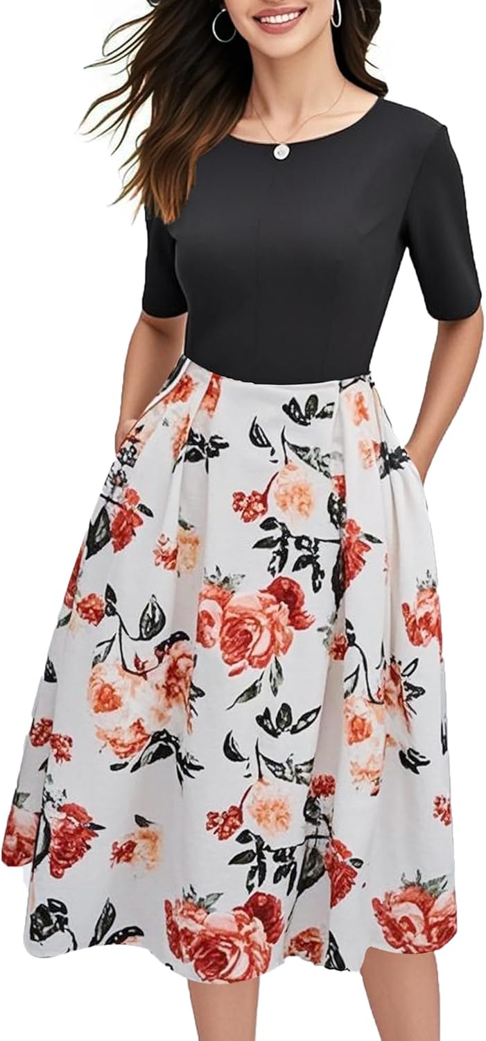 Women's Retro Patchwork Handbag Puff Skirt Casual Party Dress