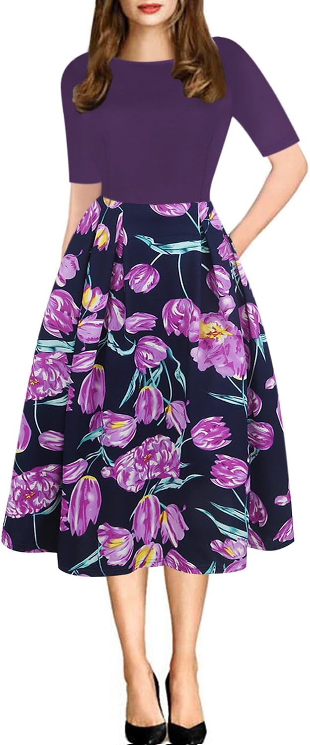 Women's Retro Patchwork Handbag Puff Skirt Casual Party Dress
