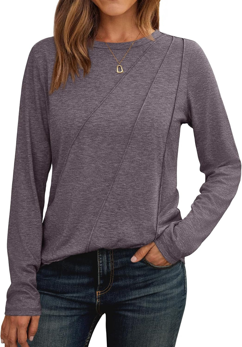 Lady's Pleated Long-sleeved Blouse - Loose-fitting Round-neck Casual Shirt