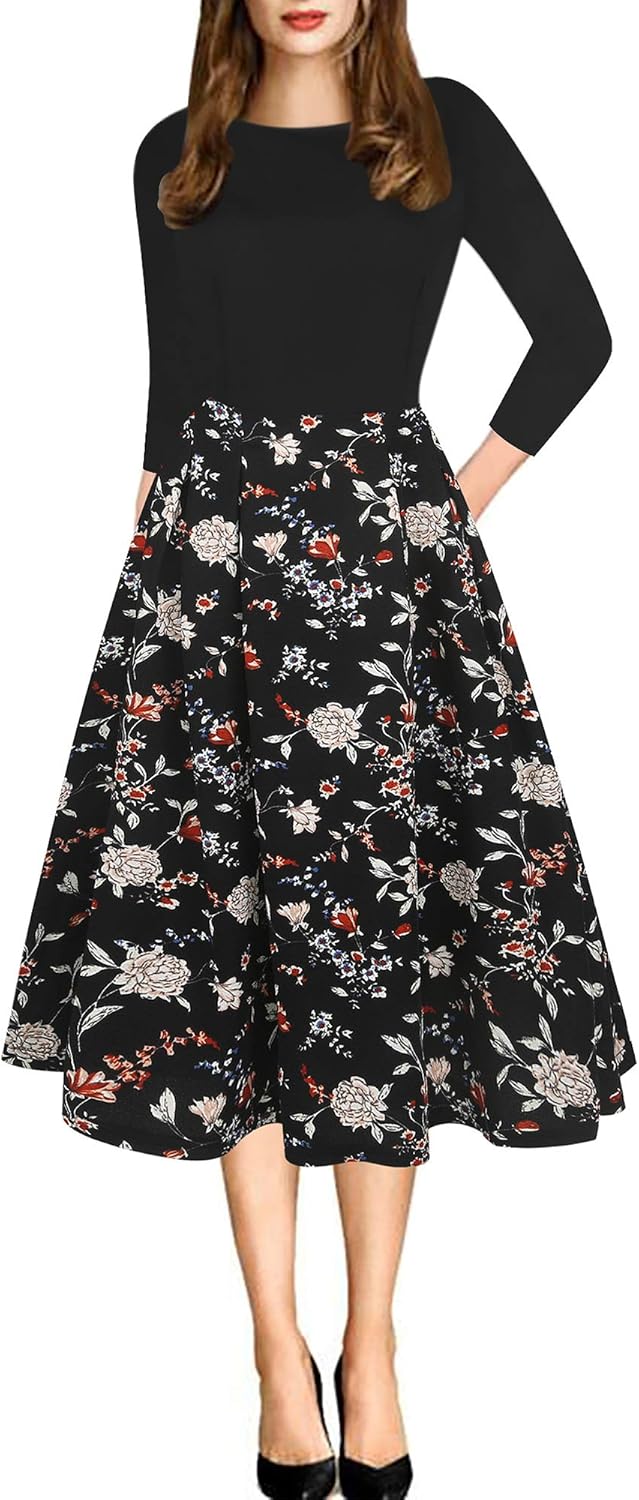 Women's Retro Patchwork Handbag Puff Skirt Casual Party Dress
