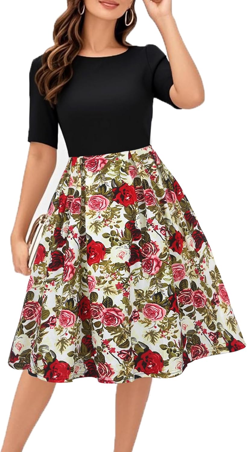 Women's Retro Patchwork Handbag Puff Skirt Casual Party Dress