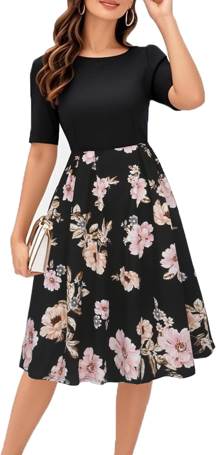 Women's Retro Patchwork Handbag Puff Skirt Casual Party Dress