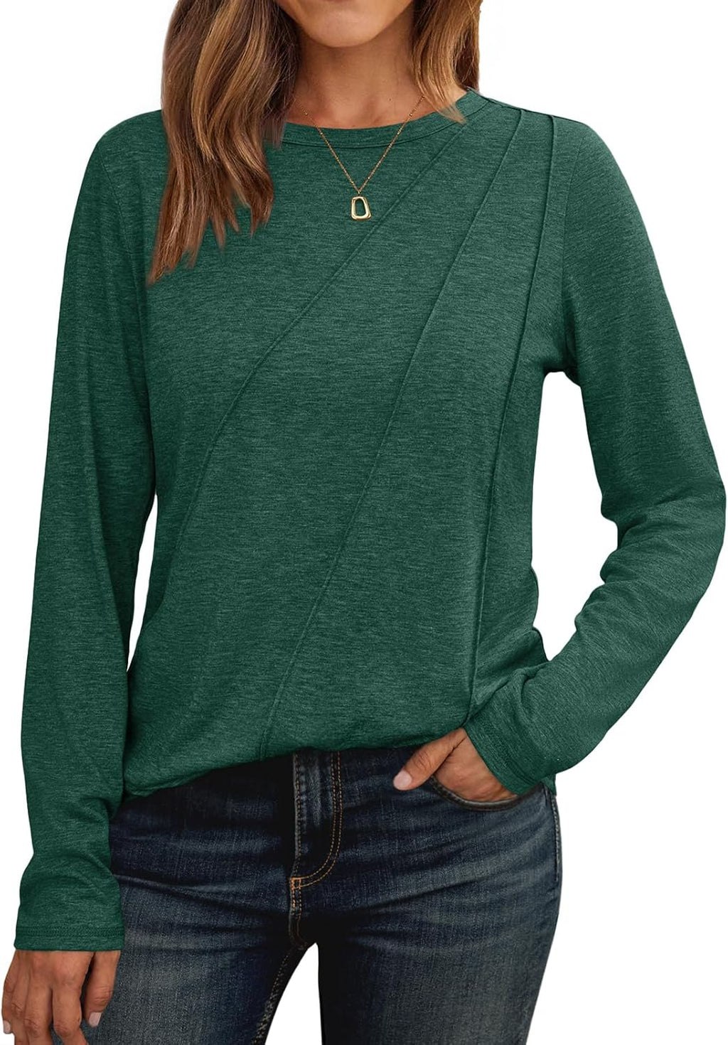 Lady's Pleated Long-sleeved Blouse - Loose-fitting Round-neck Casual Shirt