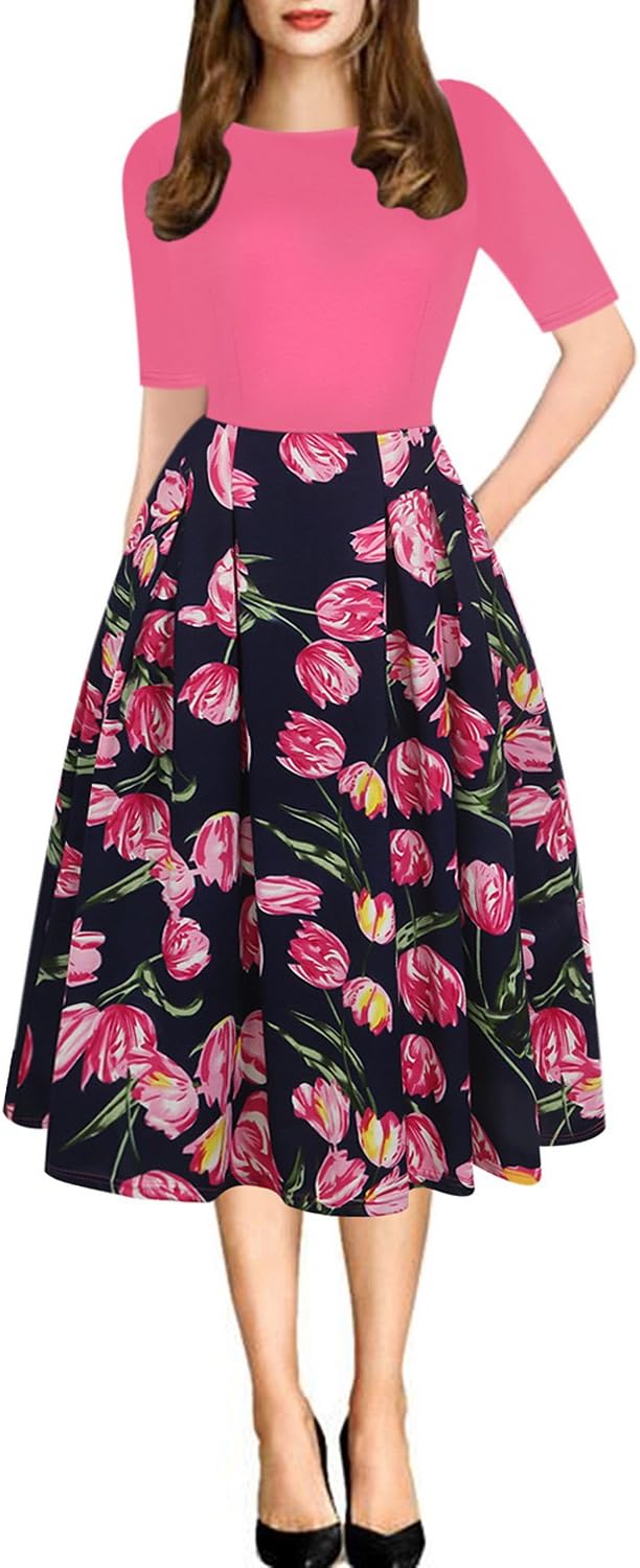 Women's Retro Patchwork Handbag Puff Skirt Casual Party Dress
