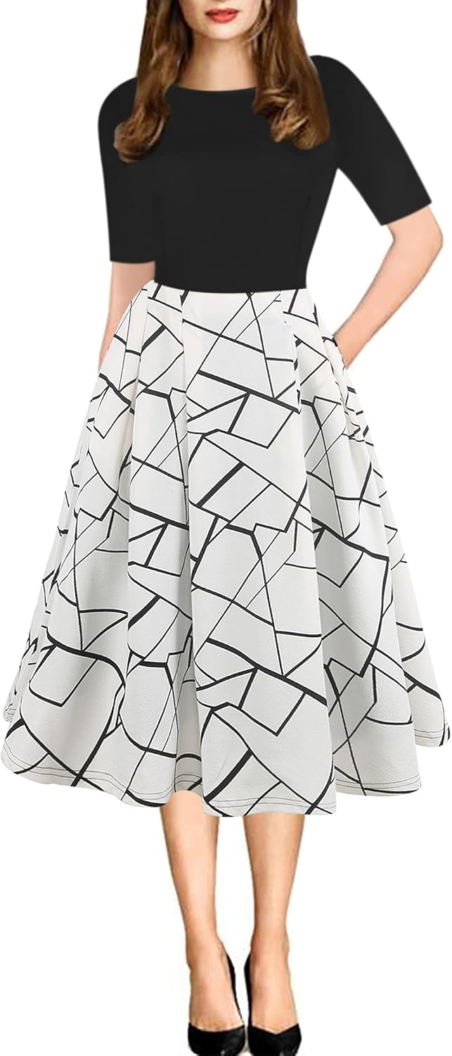 Women's Retro Patchwork Handbag Puff Skirt Casual Party Dress