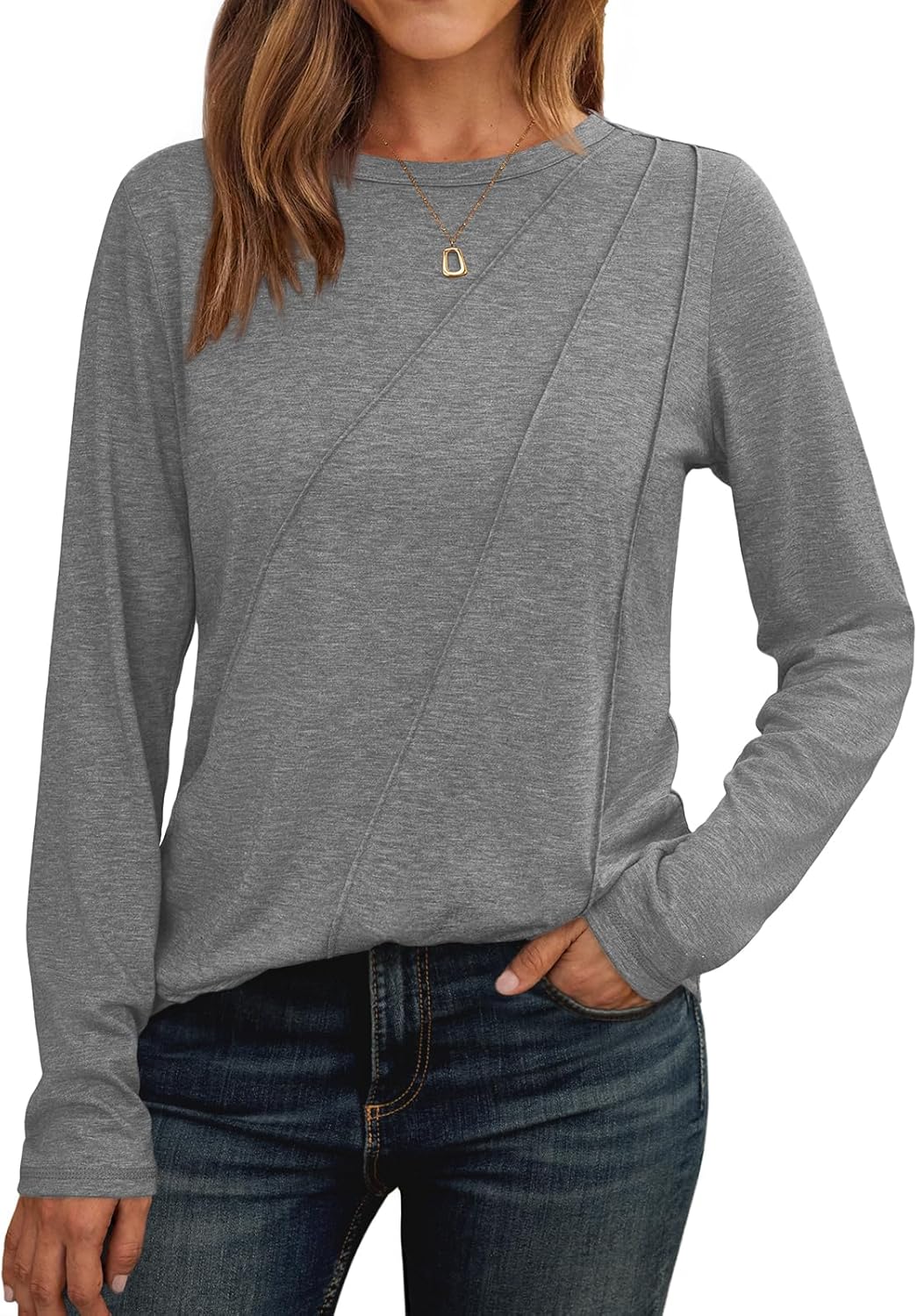 Lady's Pleated Long-sleeved Blouse - Loose-fitting Round-neck Casual Shirt