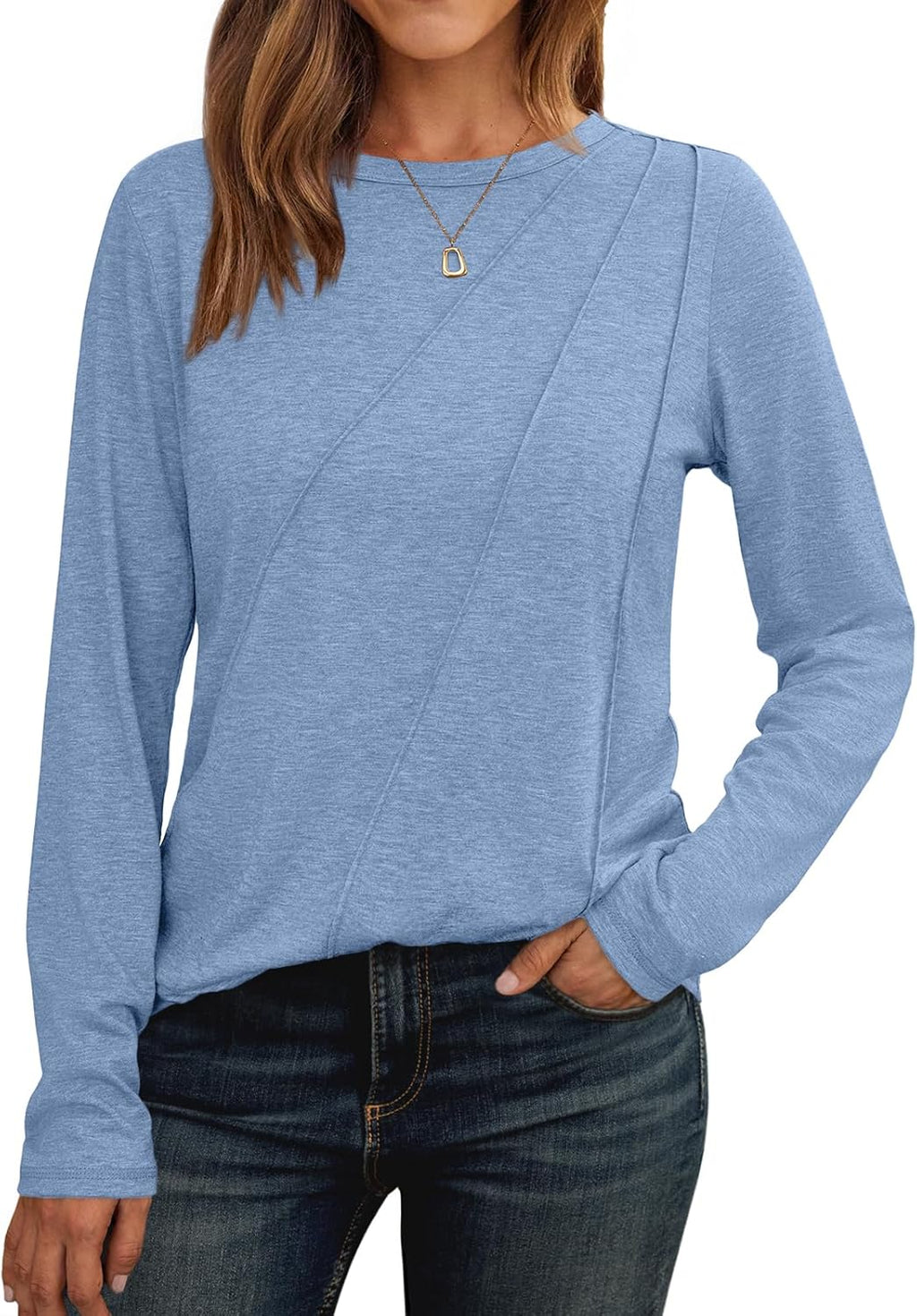 Lady's Pleated Long-sleeved Blouse - Loose-fitting Round-neck Casual Shirt