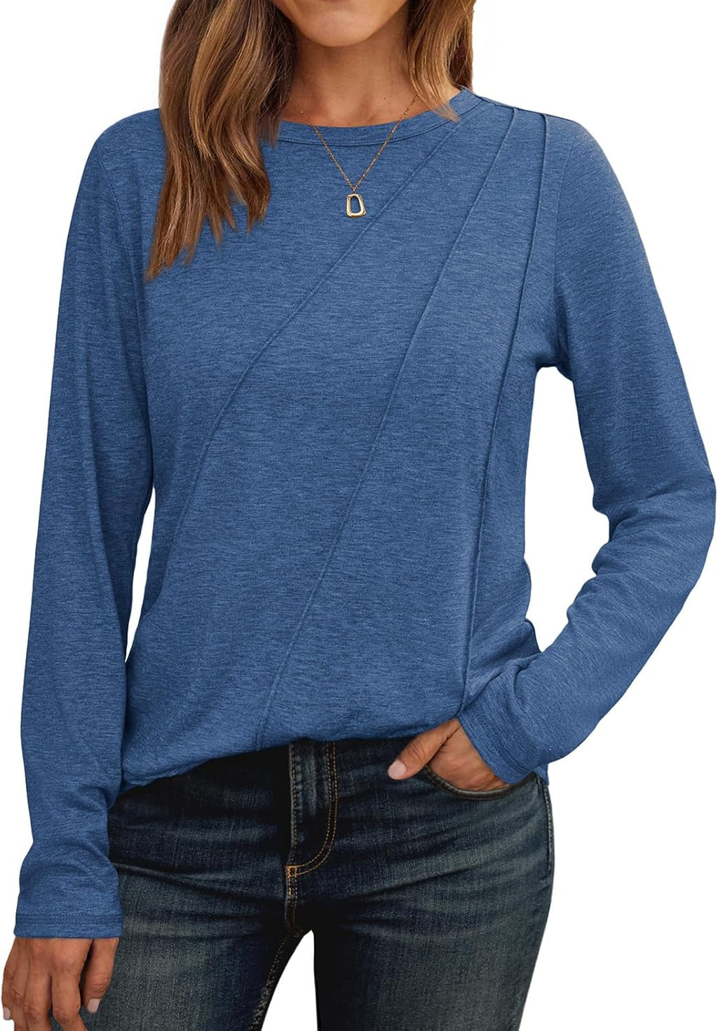 Lady's Pleated Long-sleeved Blouse - Loose-fitting Round-neck Casual Shirt