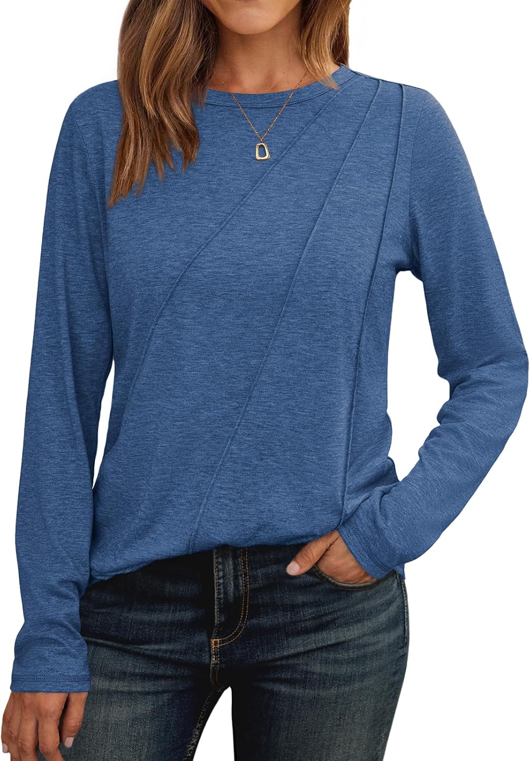 Lady's Pleated Long-sleeved Blouse - Loose-fitting Round-neck Casual Shirt