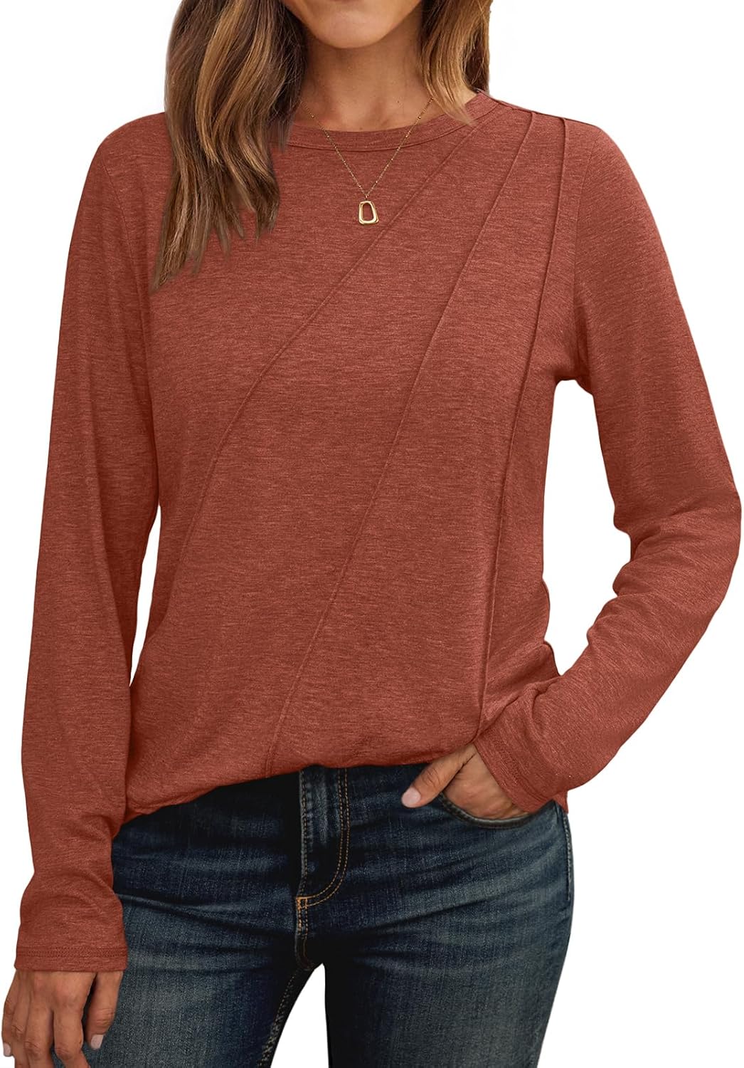 Lady's Pleated Long-sleeved Blouse - Loose-fitting Round-neck Casual Shirt
