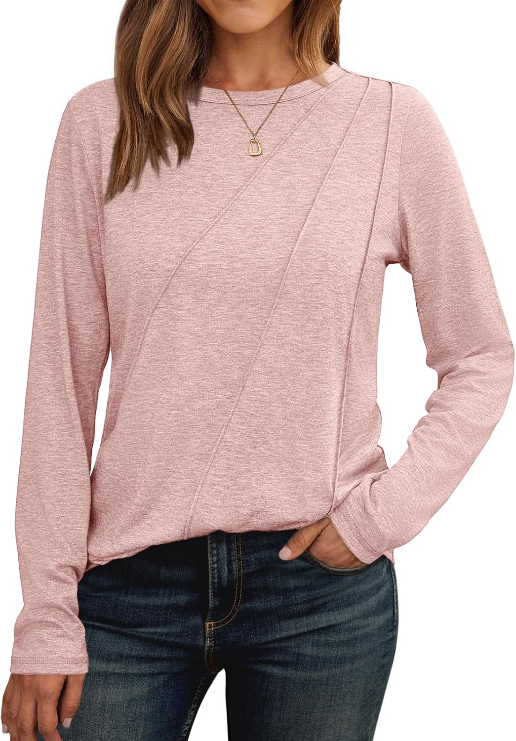 Lady's Pleated Long-sleeved Blouse - Loose-fitting Round-neck Casual Shirt