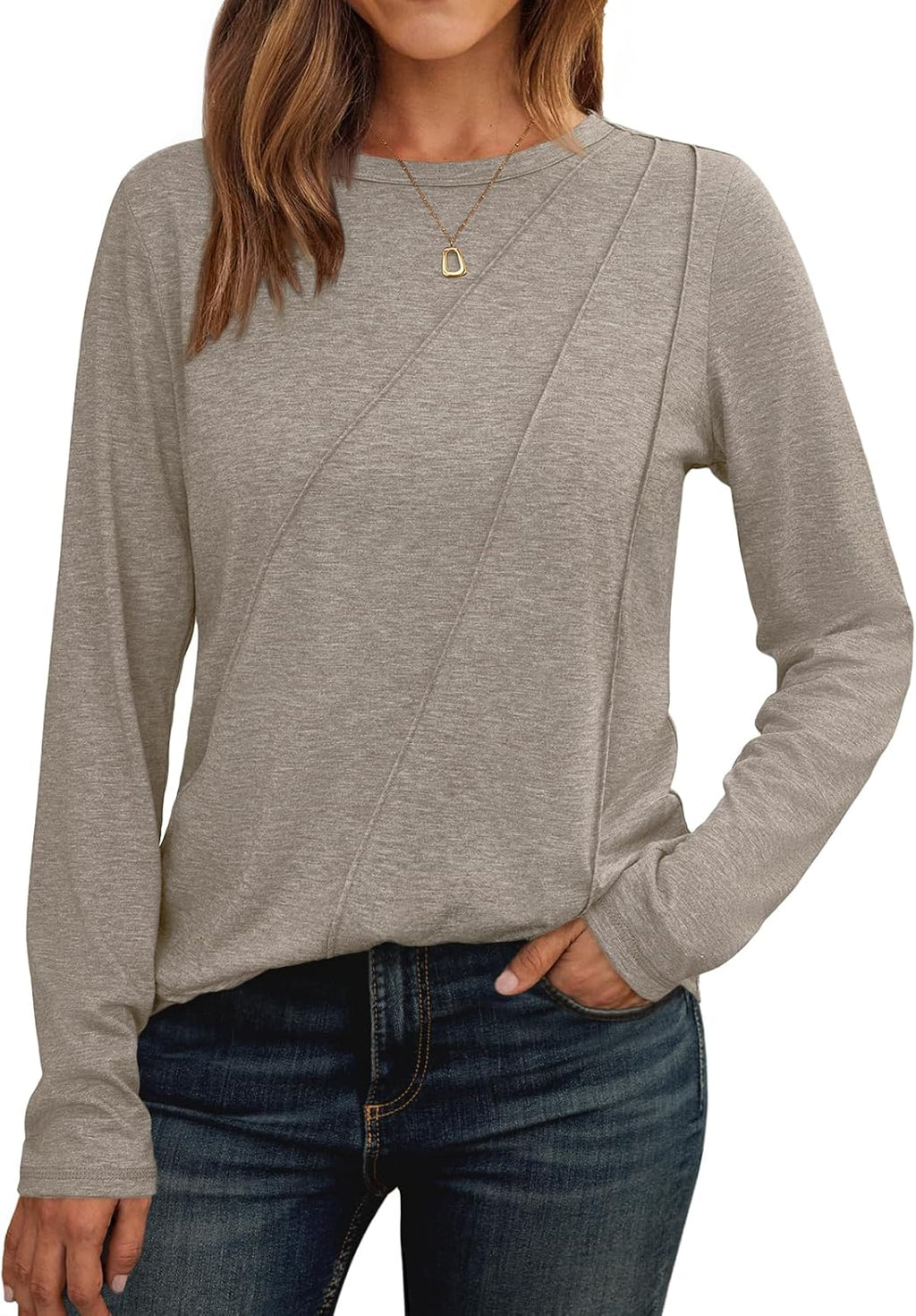Lady's Pleated Long-sleeved Blouse - Loose-fitting Round-neck Casual Shirt