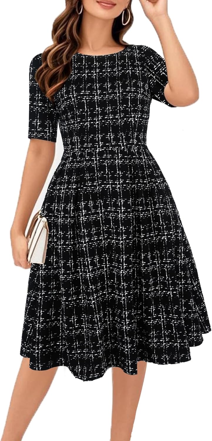 Women's Retro Patchwork Handbag Puff Skirt Casual Party Dress