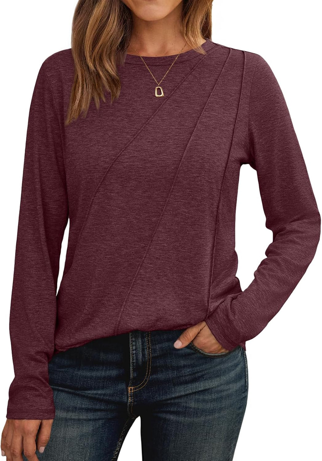 Lady's Pleated Long-sleeved Blouse - Loose-fitting Round-neck Casual Shirt