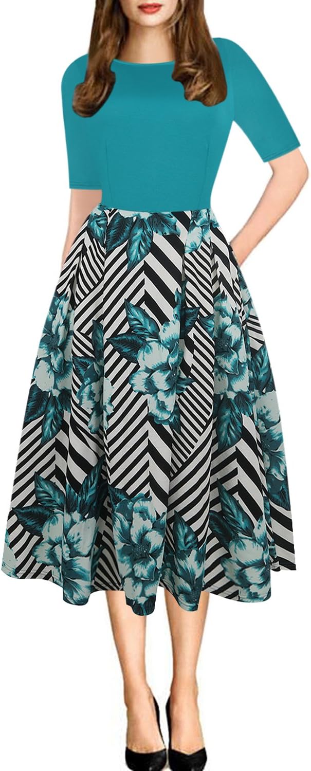 Women's Retro Patchwork Handbag Puff Skirt Casual Party Dress
